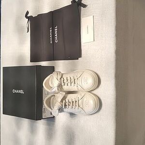 Chanel white patent leather sneakers shoes w Bows. Semi high tops.